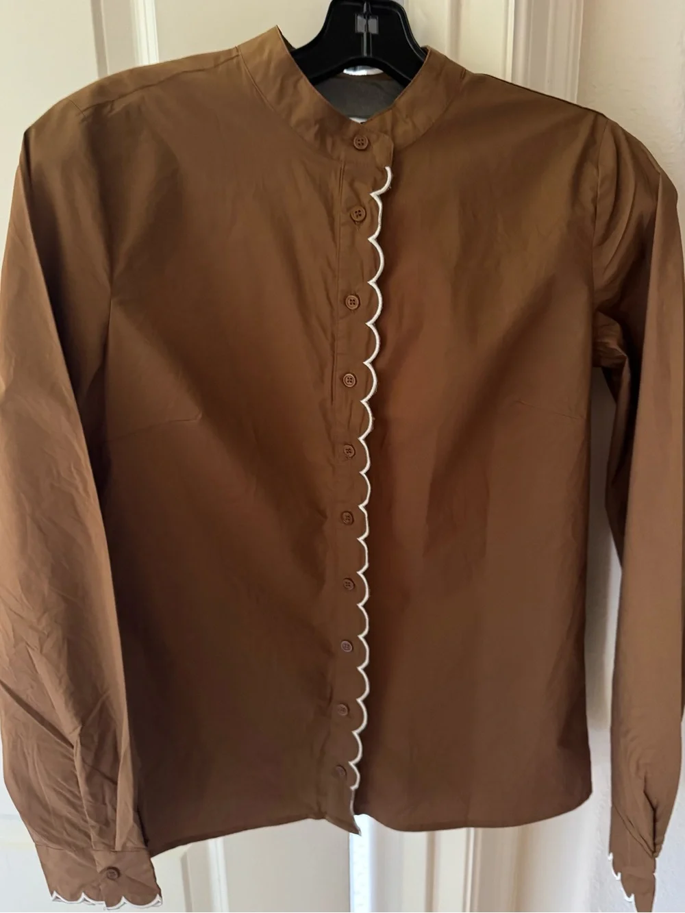 The Shirt by Rochelle Behrens Brown Button-Down Top with White Scallop Trim